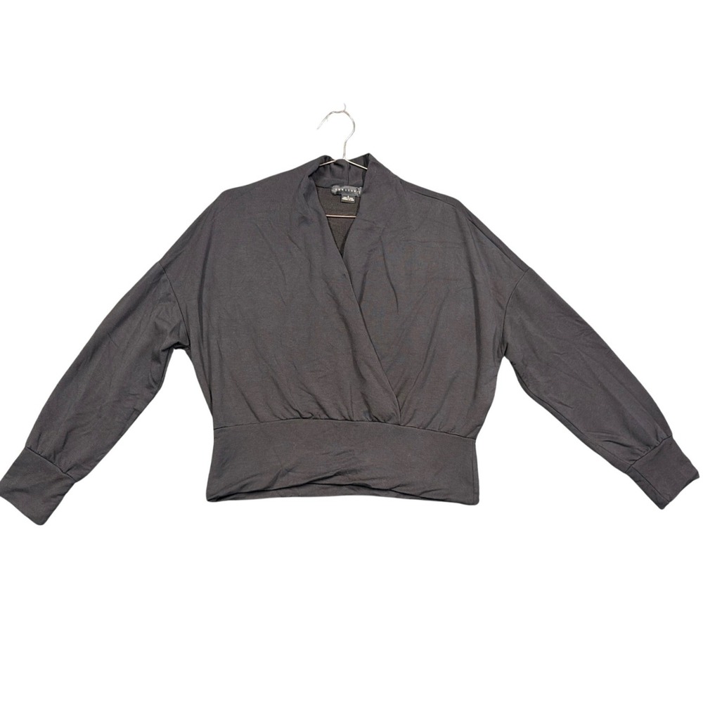 Sanctuary Wrap Top Womens S Gray Surplice Long Sleeve Banded Hem Knit Blouse SEO